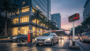 Bãi xe thông minh với camera đọc biển số tại cổng tòa văn phòng