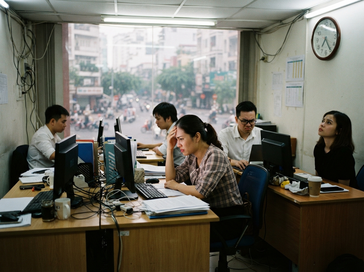 Nhân viên văn phòng chờ khi hệ thống email ngừng hoạt động