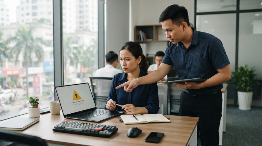 Nhân viên văn phòng xử lý email bị lộ mật khẩu trên laptop