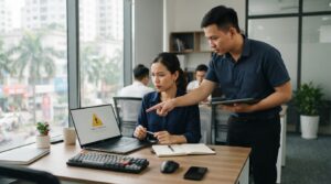 Nhân viên văn phòng xử lý email bị lộ mật khẩu trên laptop