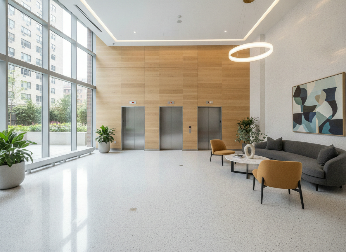 Sảnh chung cư với khu thang máy