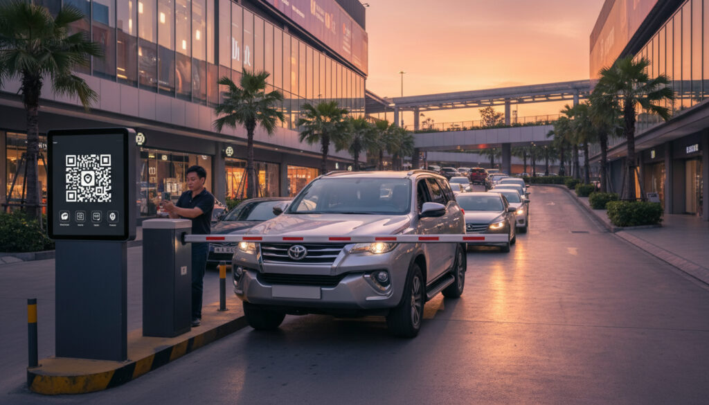 Thu phí gửi xe VietQR tại cổng ra bãi xe trung tâm thương mại