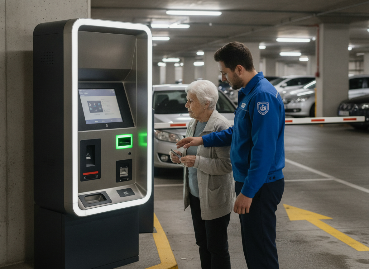 Kiosk thanh toán tiền mặt và thẻ gần cổng ra bãi xe